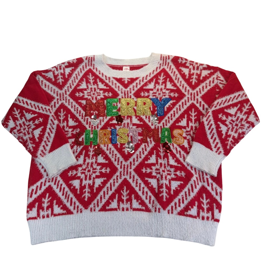 Holiday Time Merry Christmas Fair Isle (Ugly) Sweater Red White Sequin Plus 2X